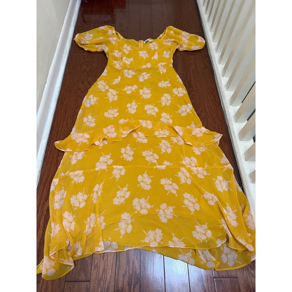 Lush Yellow Floral Maxi Dress Short Puff Sleeve Tiered ruffle coquette Womens M‎